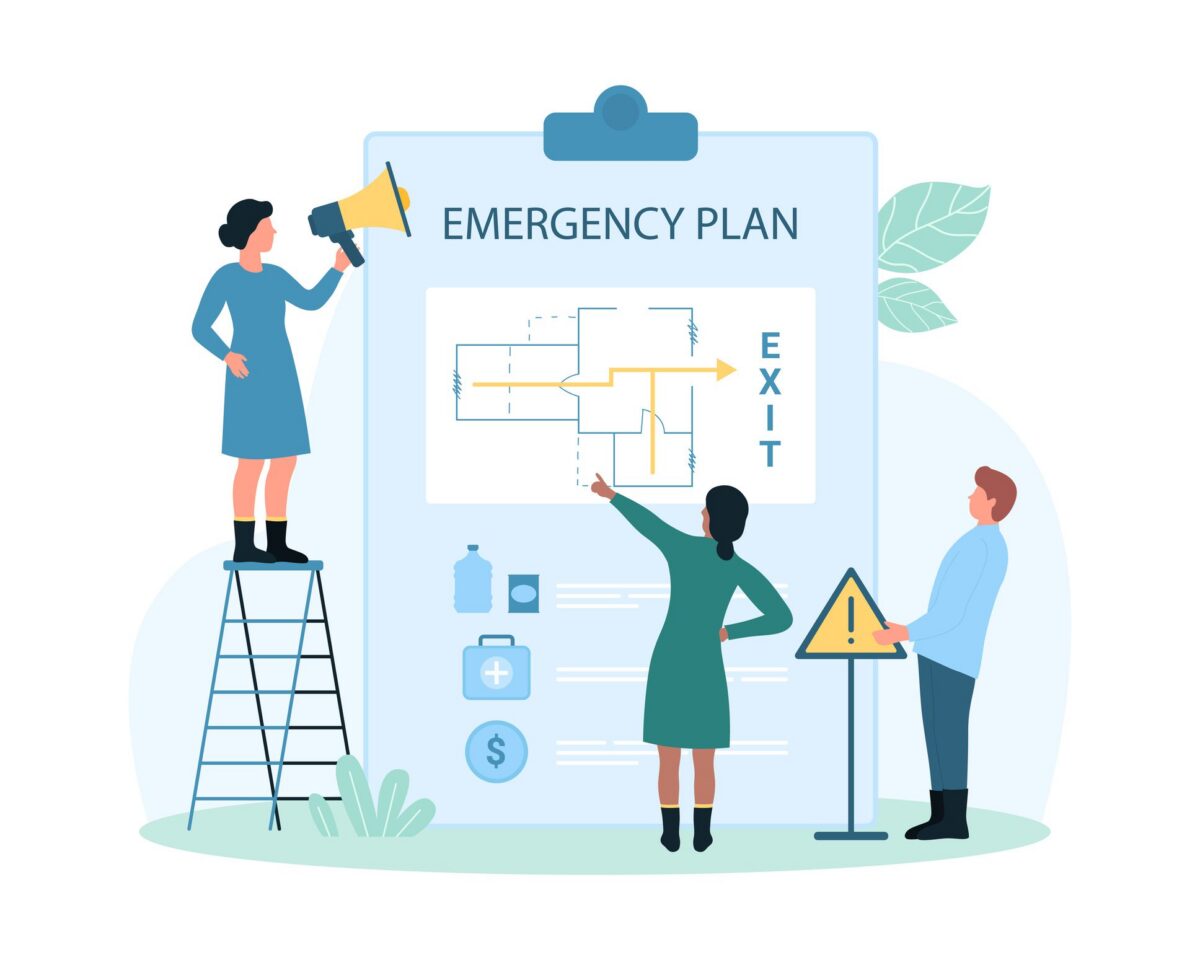 A cartoon image of several people examining and discussing an oversized emergency exit plan