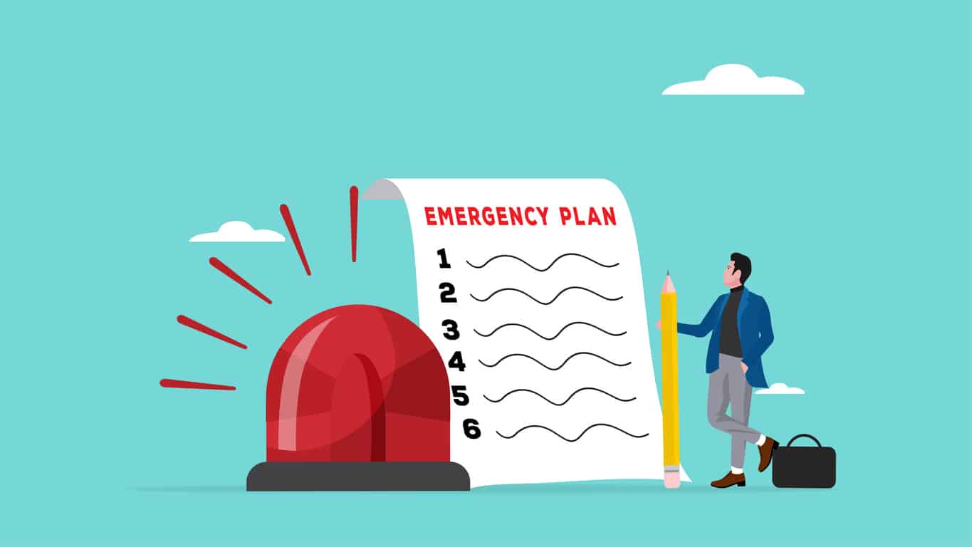 business emergency restoration plan with businessman holding pencil standing next to siren and emergency plan list paper, emergency action plan, emergency action plan when business disaster occurs