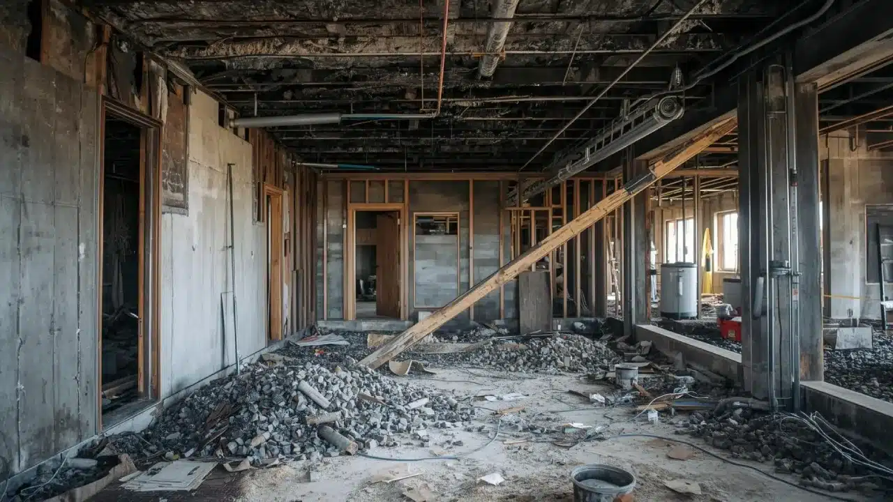 Fire and water damage restoration site in Round Lake showing smoke and fire damage, debris cleanup, emergency water clean-up, and mold remediation services by restoration company near Saratoga County.