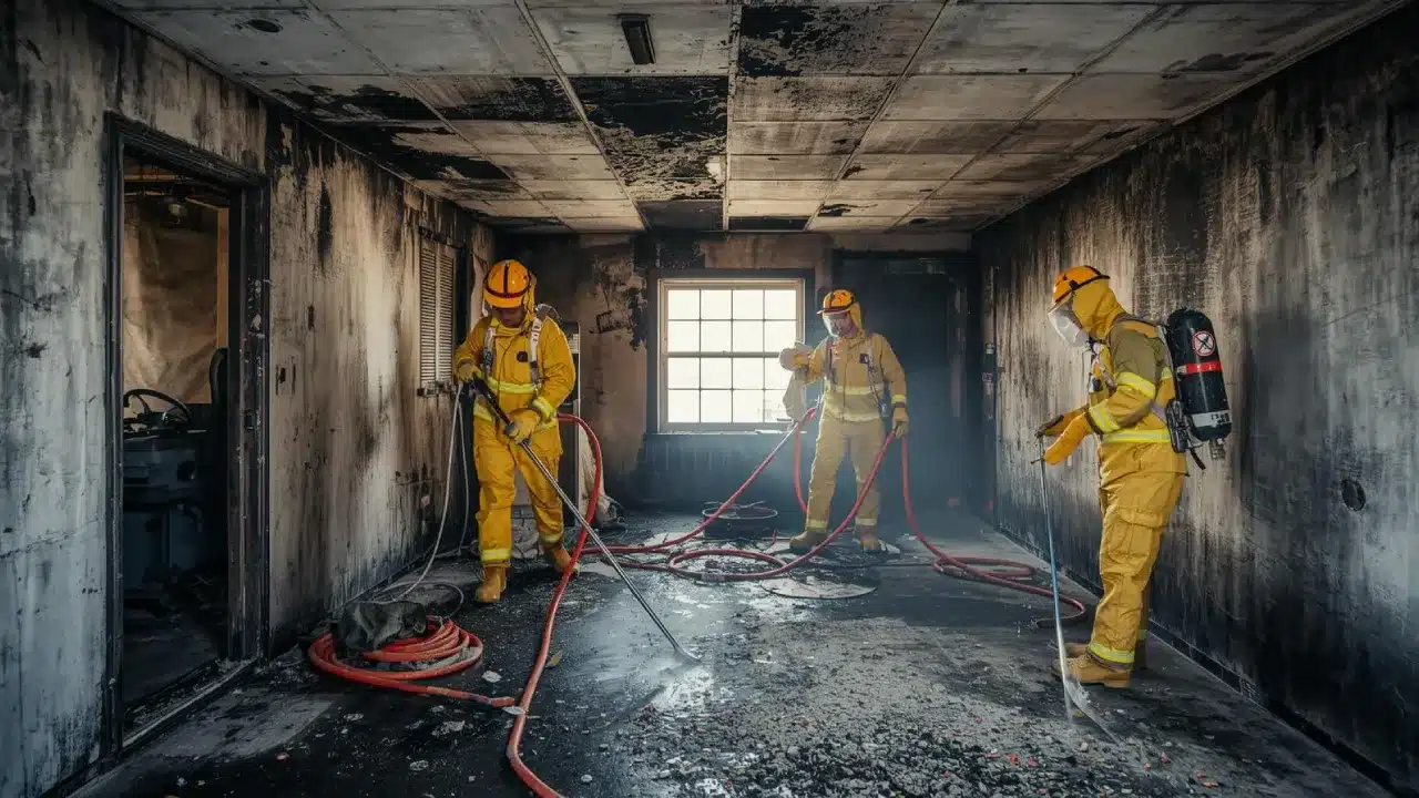 Fire damage restoration team cleaning a heavily burned room in Round Lake
