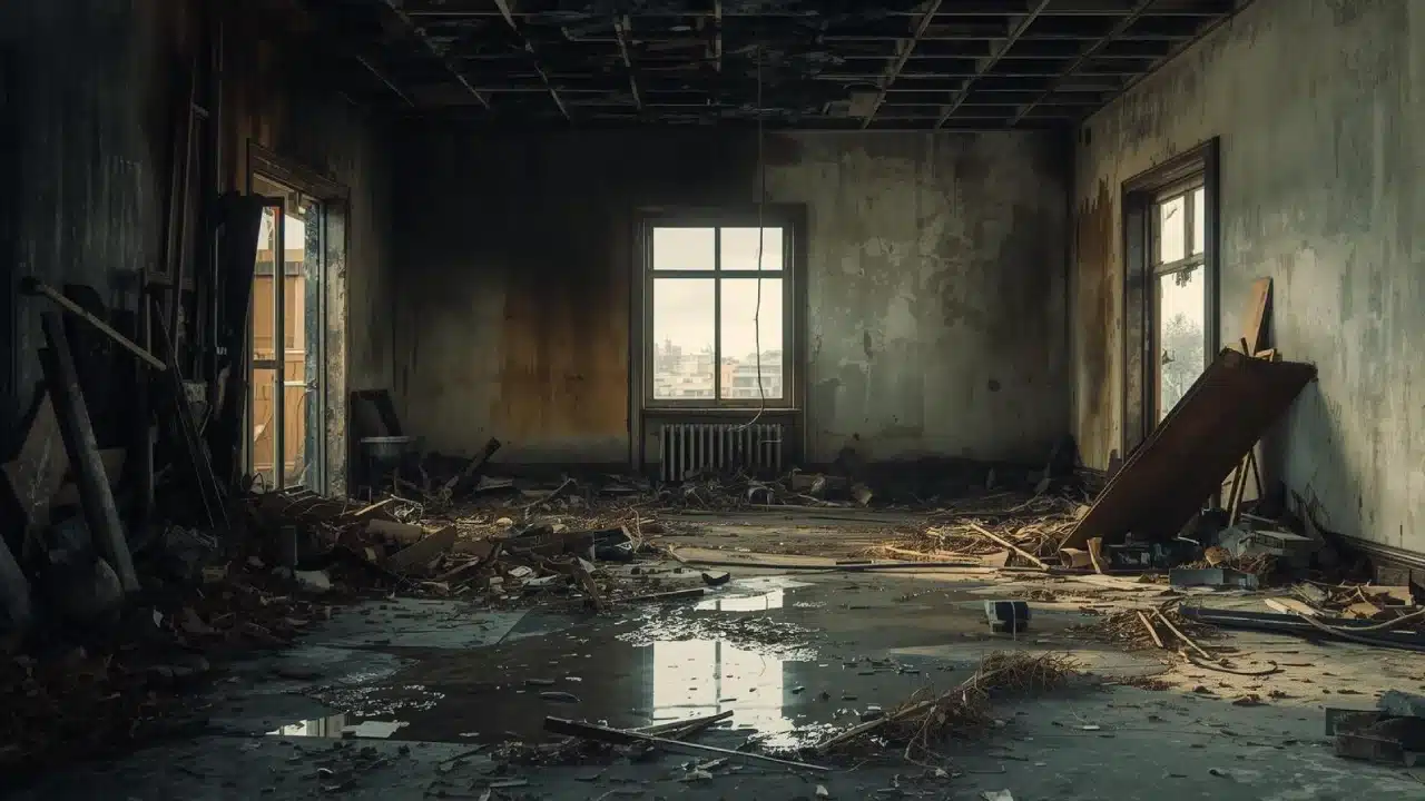 Fire and smoke damage inside a burned residential room in Round Lake