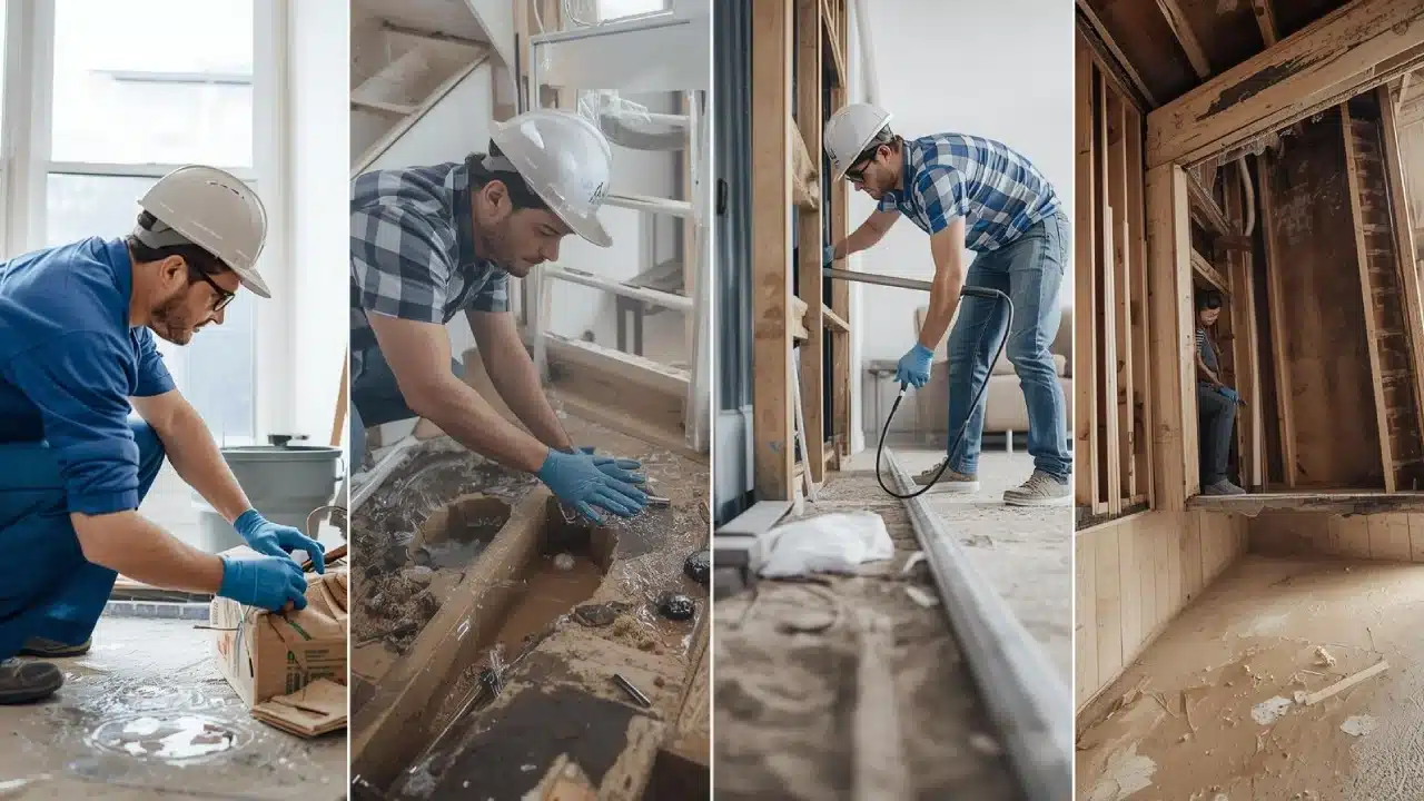 Water damage restoration technicians inspecting, extracting water, and drying a flooded home
