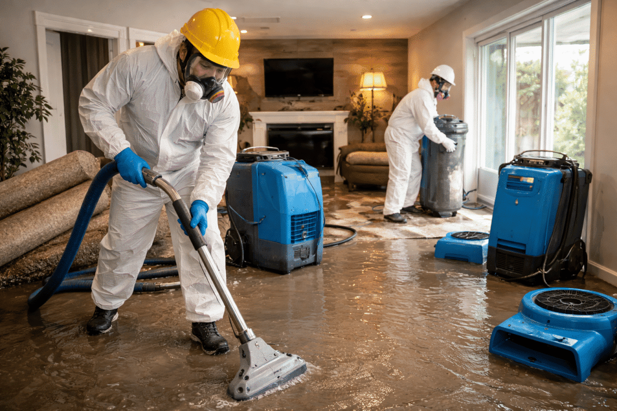 Professional flood clean-up team extracting standing water and drying a flooded home using industrial equipment