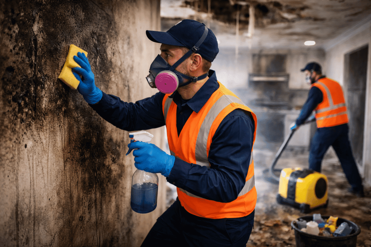 Technicians cleaning smoke damage and soot from walls after a house fire