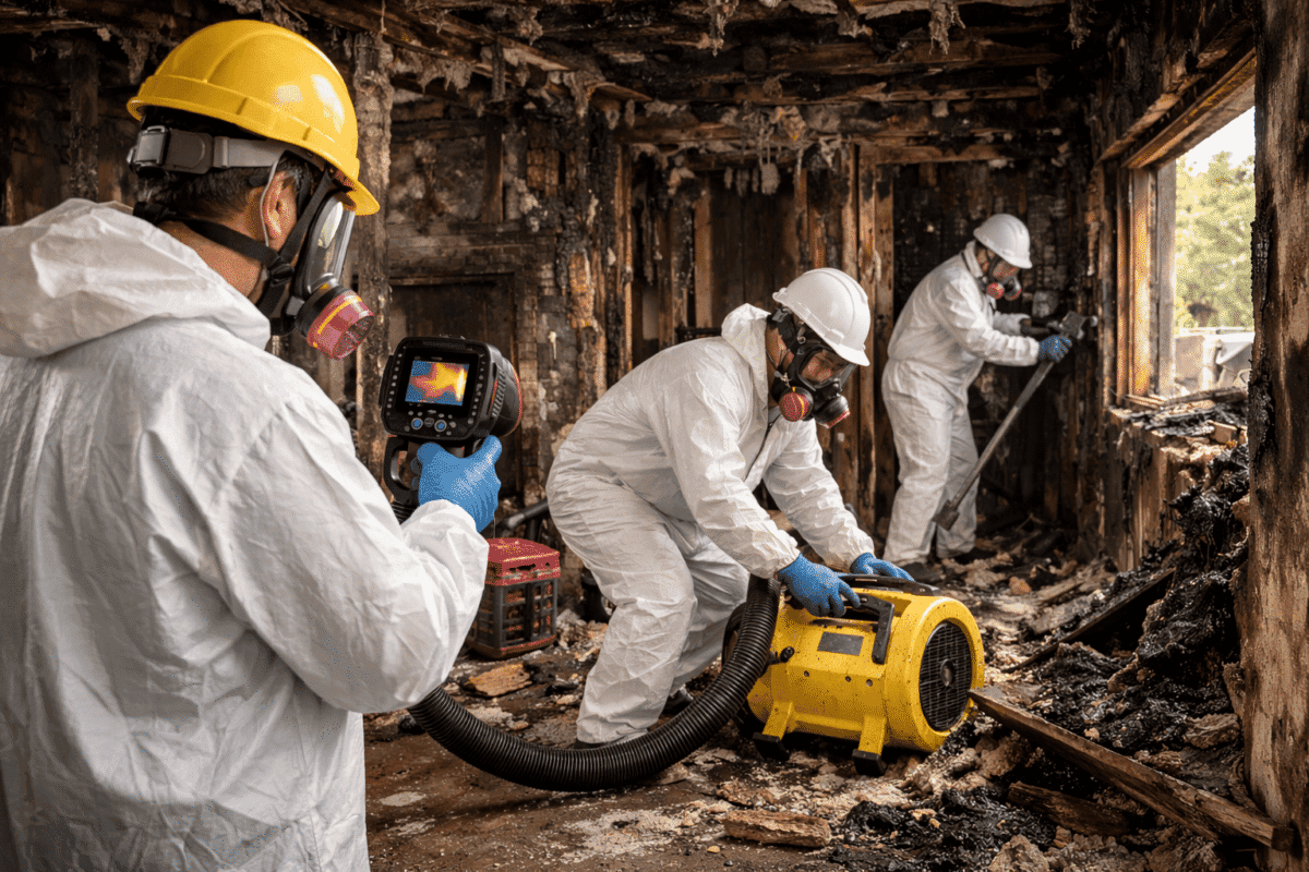 Fire damage restoration professionals safely cleaning and restoring a burned home interior after a fire emergency
