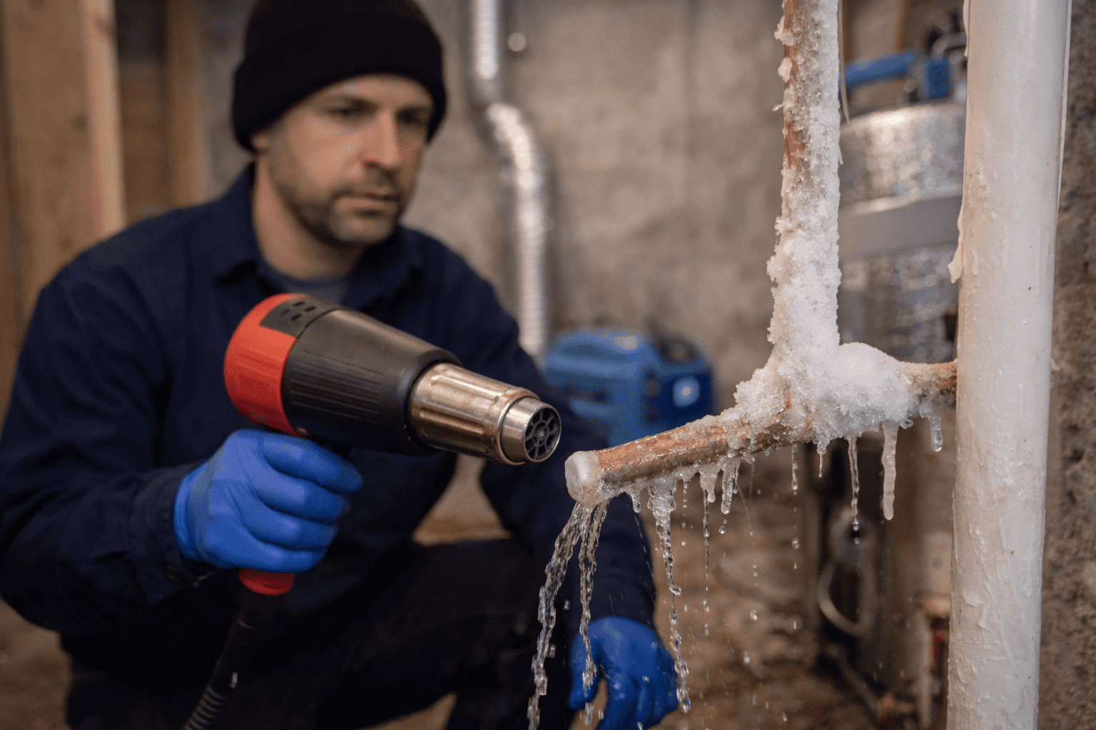 Technician repairing frozen water pipes to prevent burst pipes and water damage