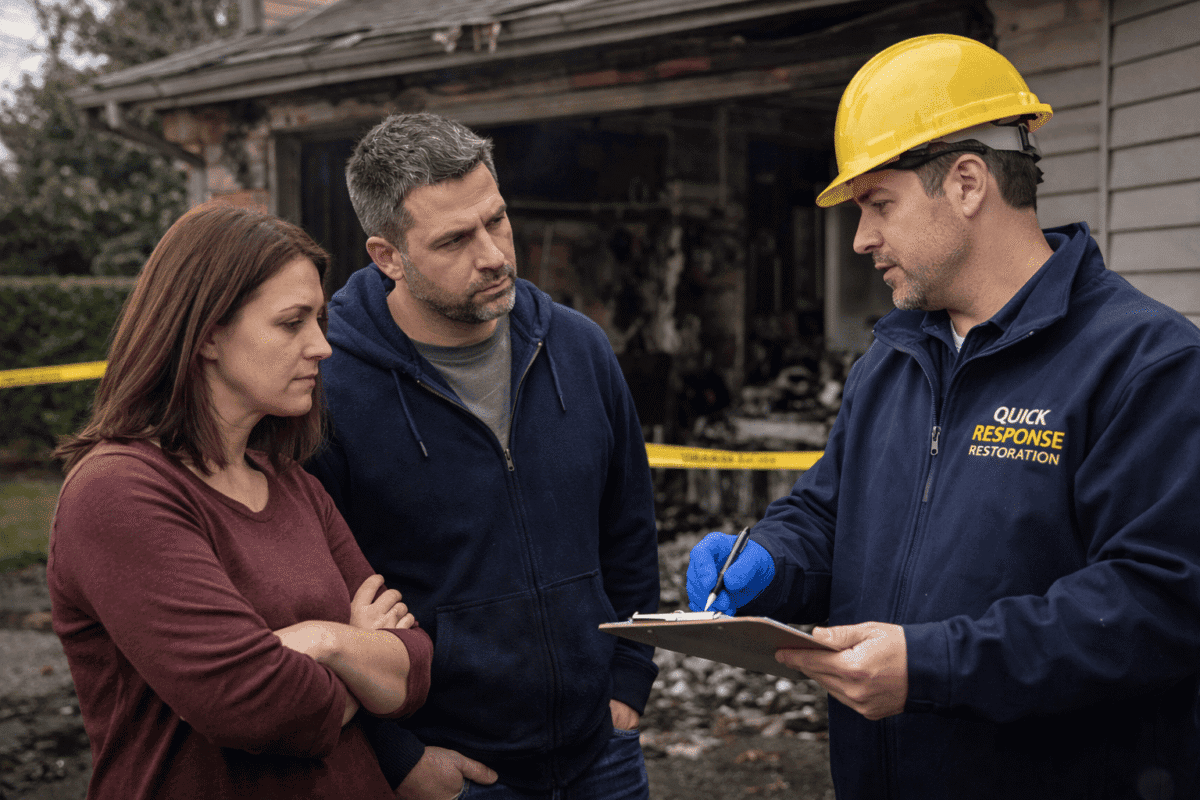 Homeowners consulting with a restoration professional after property damage to choose the right restoration company near them