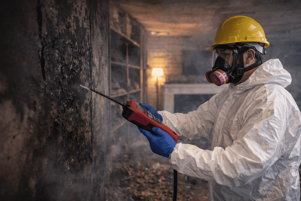 Smoke damage repair technician inspecting soot-covered walls after a house fire to eliminate persistent smoke odors