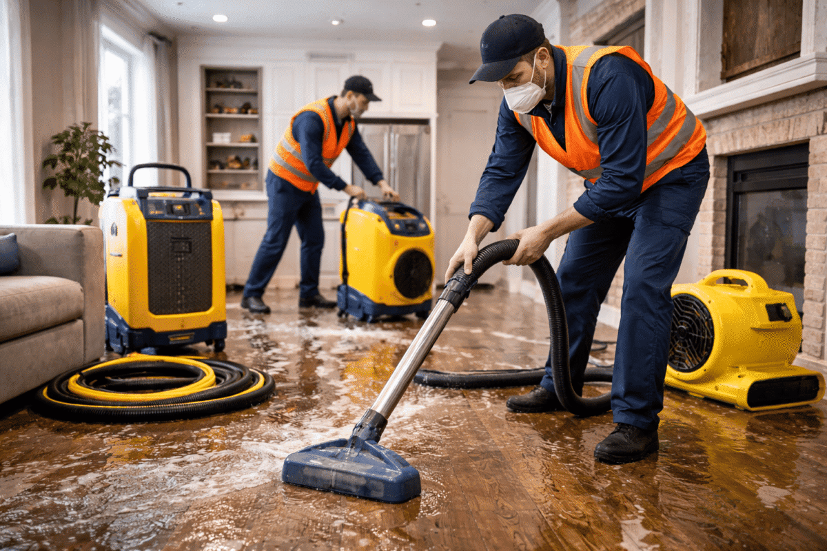 Professional water damage restoration technicians extracting water and drying a flooded home