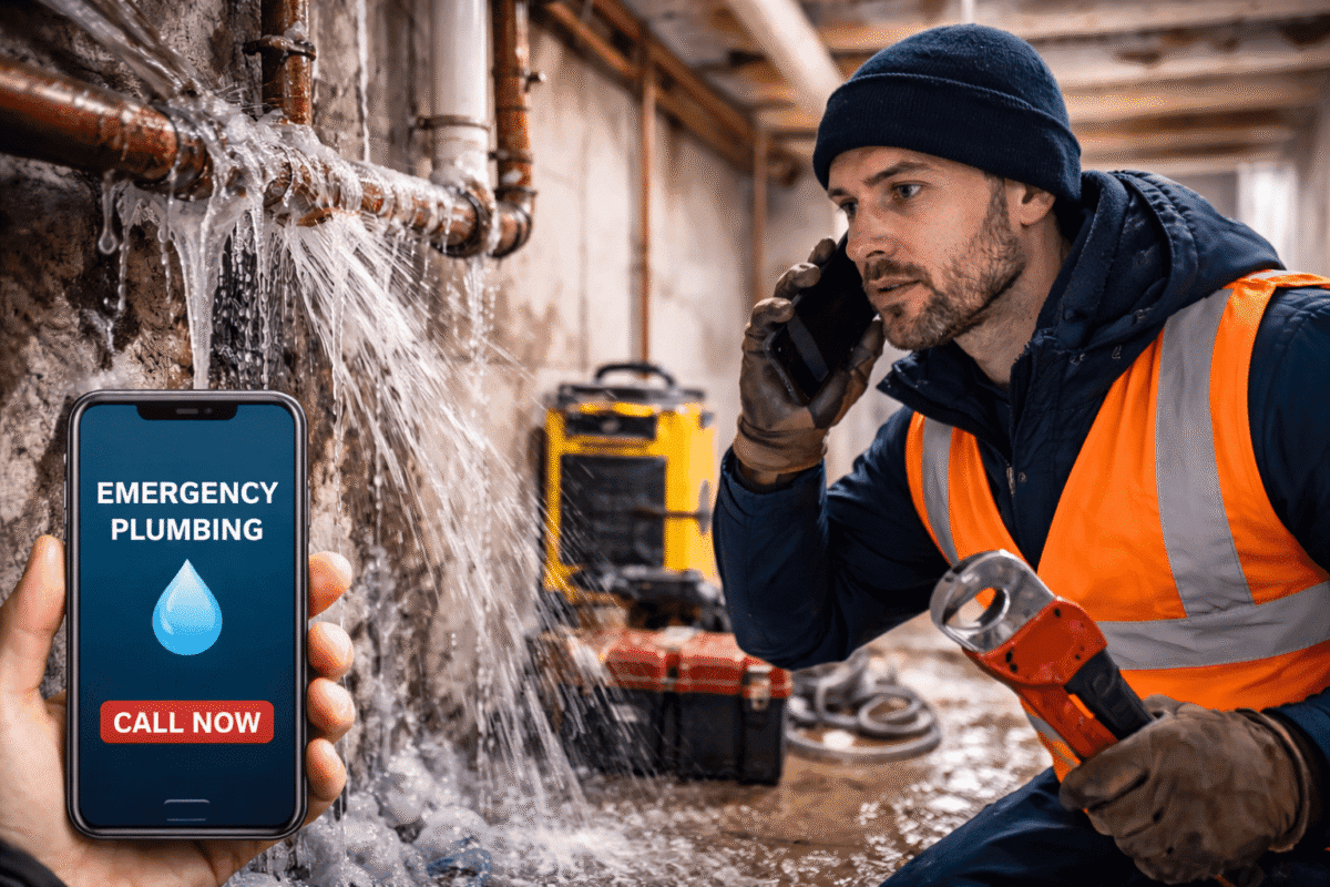 Emergency plumber repairing a burst pipe during freezing temperatures to stop water damage
