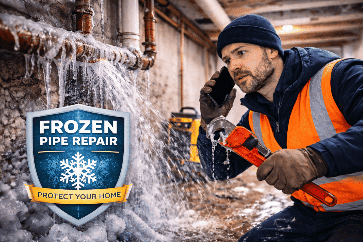 Professional plumber repairing frozen pipes in winter to prevent burst pipes and water damage