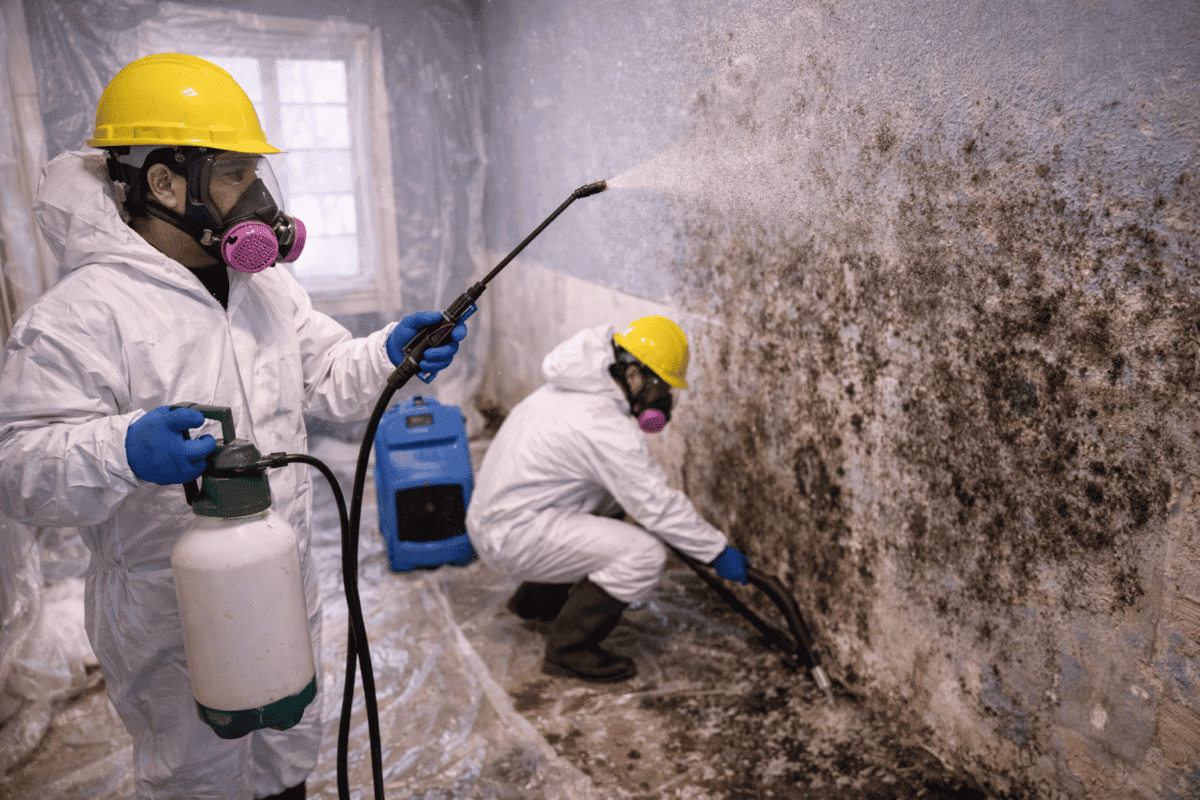 Mold remediation professionals removing mold and treating contaminated walls inside a Saratoga County home