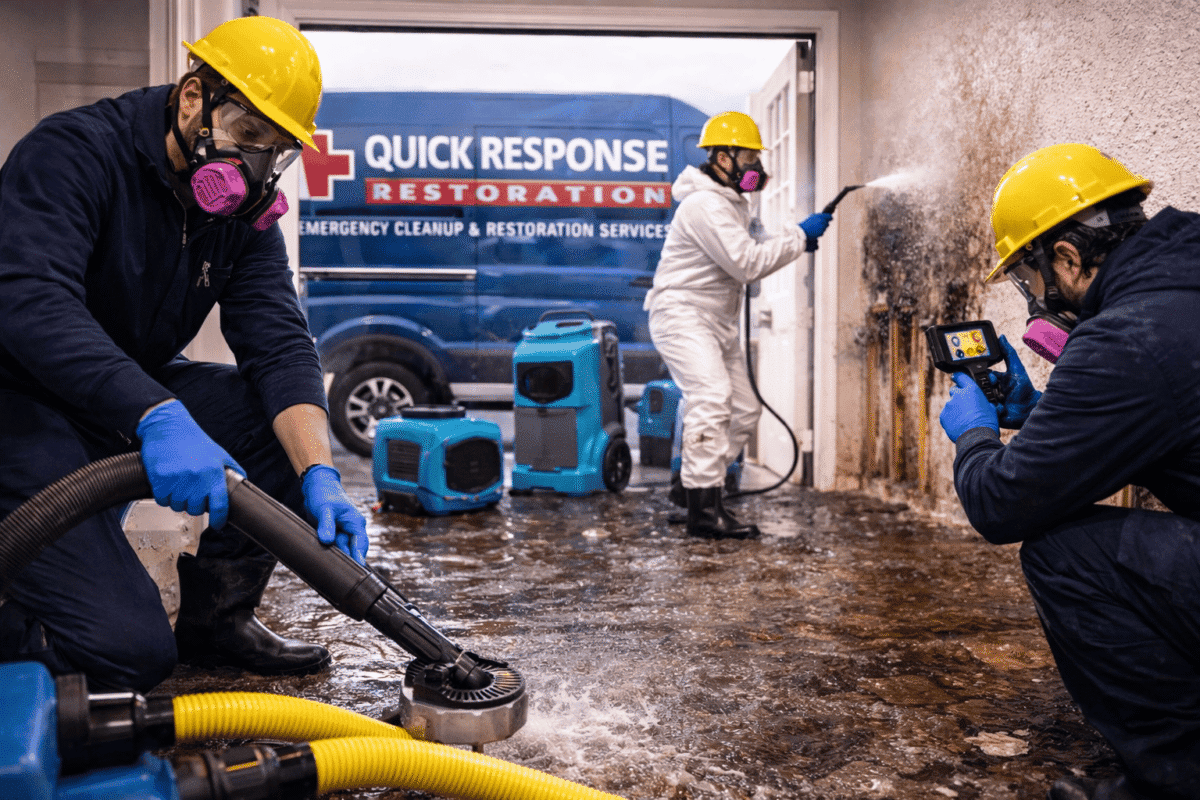 Emergency cleanup and restoration professionals performing water extraction, damage assessment, and structural cleaning after a property disaster