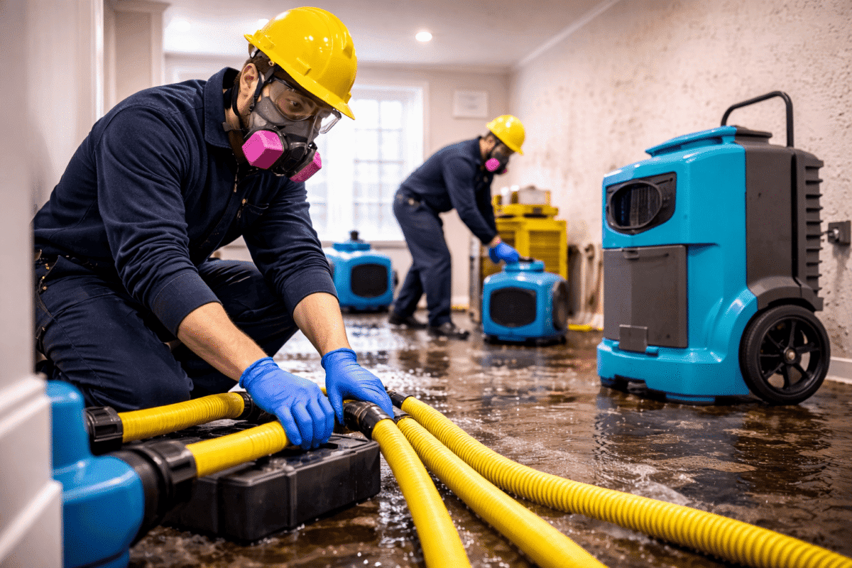 Water restoration technicians setting up extraction hoses and drying equipment to remove standing water from a flooded property