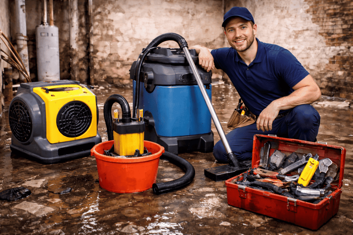 Technician using professional tools for basement flood recovery after water damage