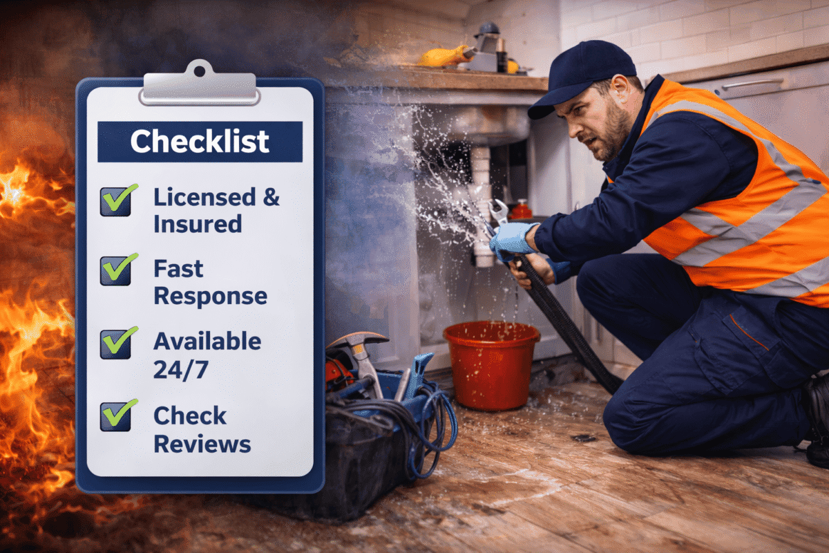 Emergency burst pipe repair service with plumber using a checklist to ensure fast and reliable response