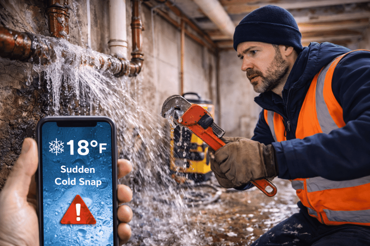 Emergency plumber repairing a burst pipe during a sudden temperature drop in winter