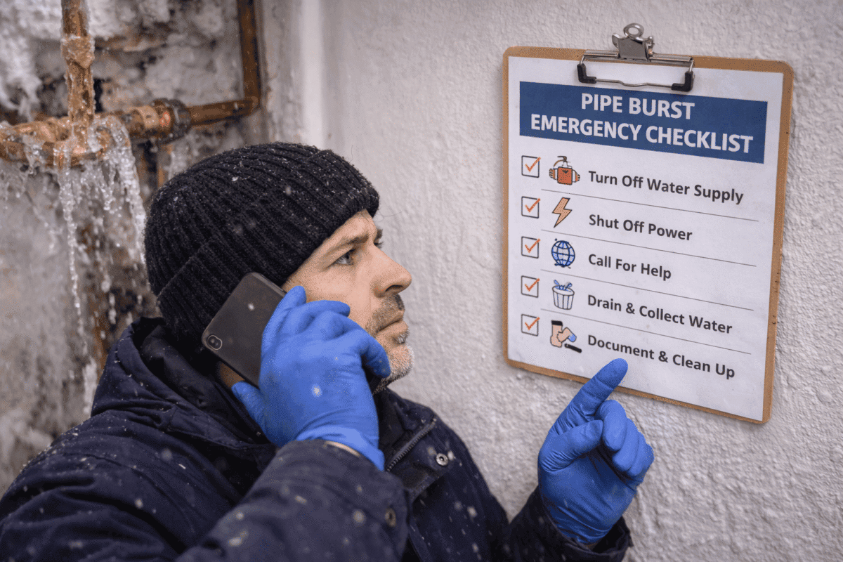 Homeowner following an emergency checklist while dealing with a burst pipe during winter to prevent water damage