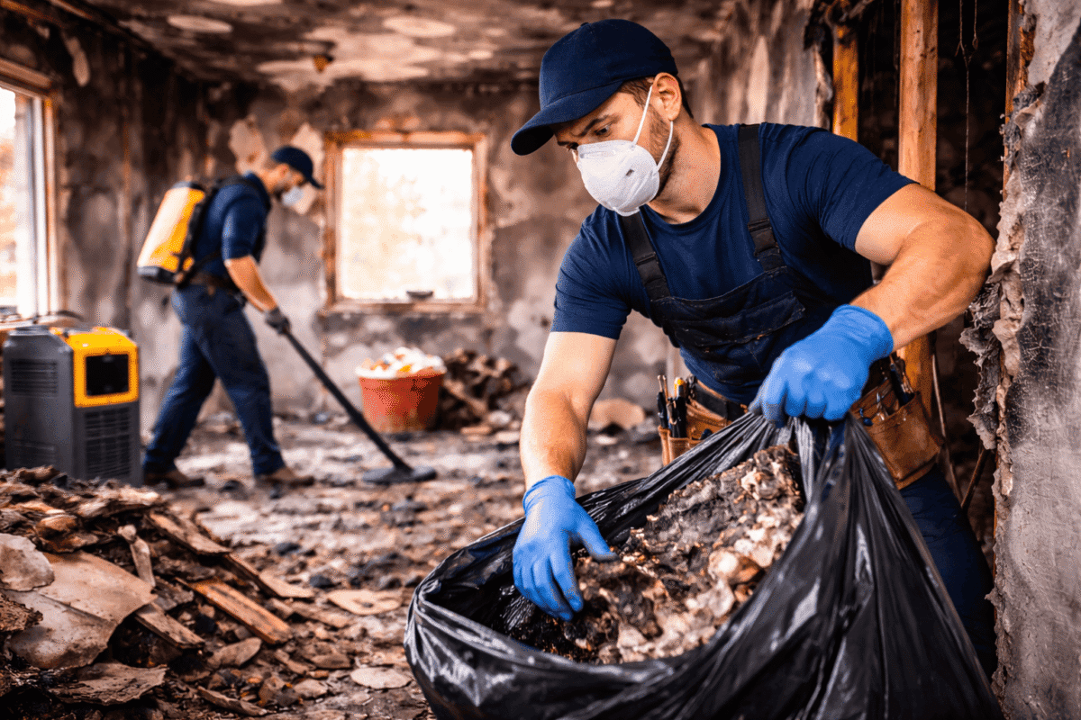 Fire damage repair professionals removing charred debris inside a residential property in Albany County