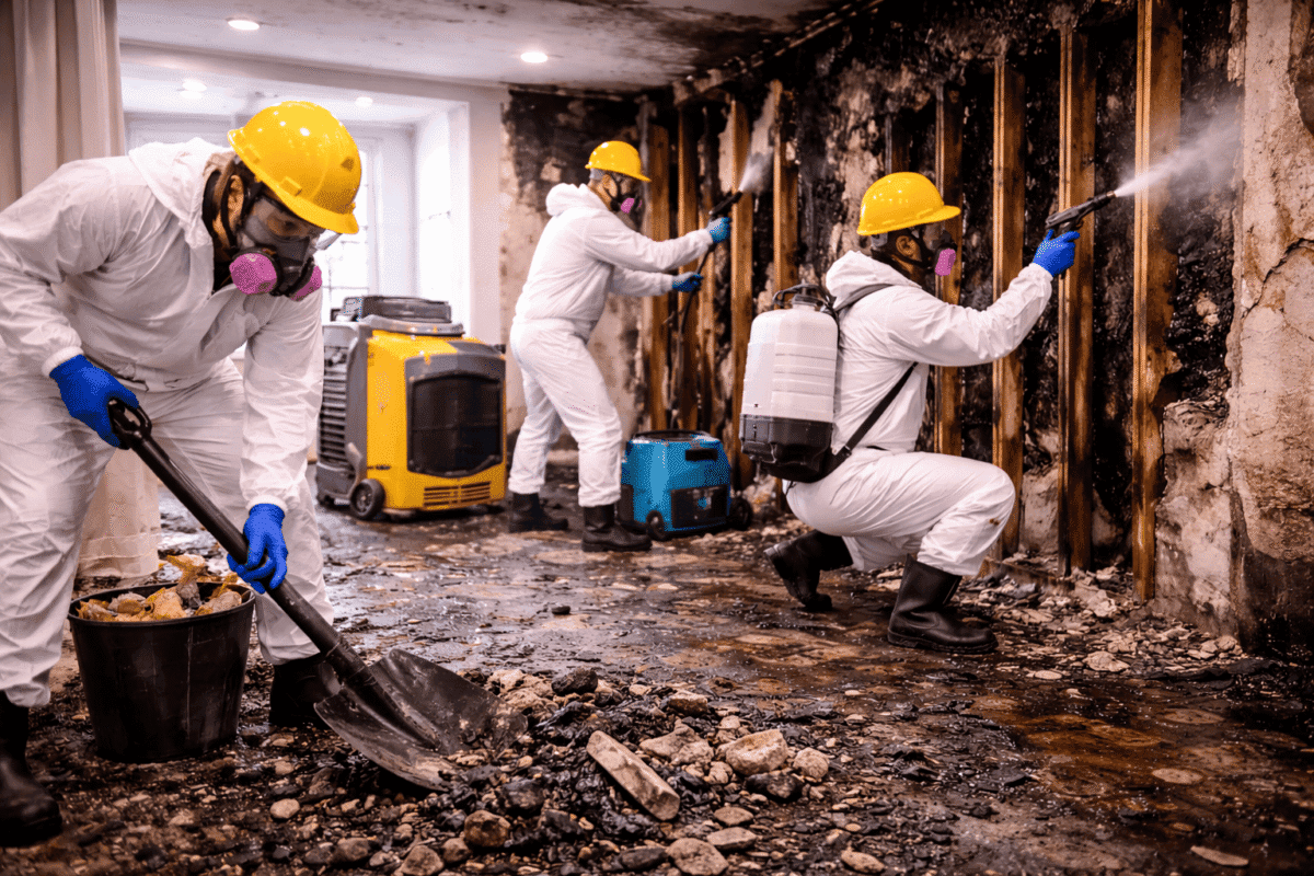 Fire damage restoration professionals removing debris and cleaning charred walls inside a severely fire-damaged home