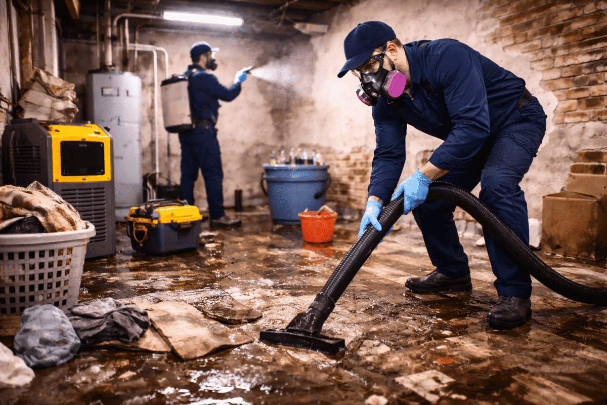 Professional sewage backup cleanup in a residential basement by Quick Response Restoration technicians