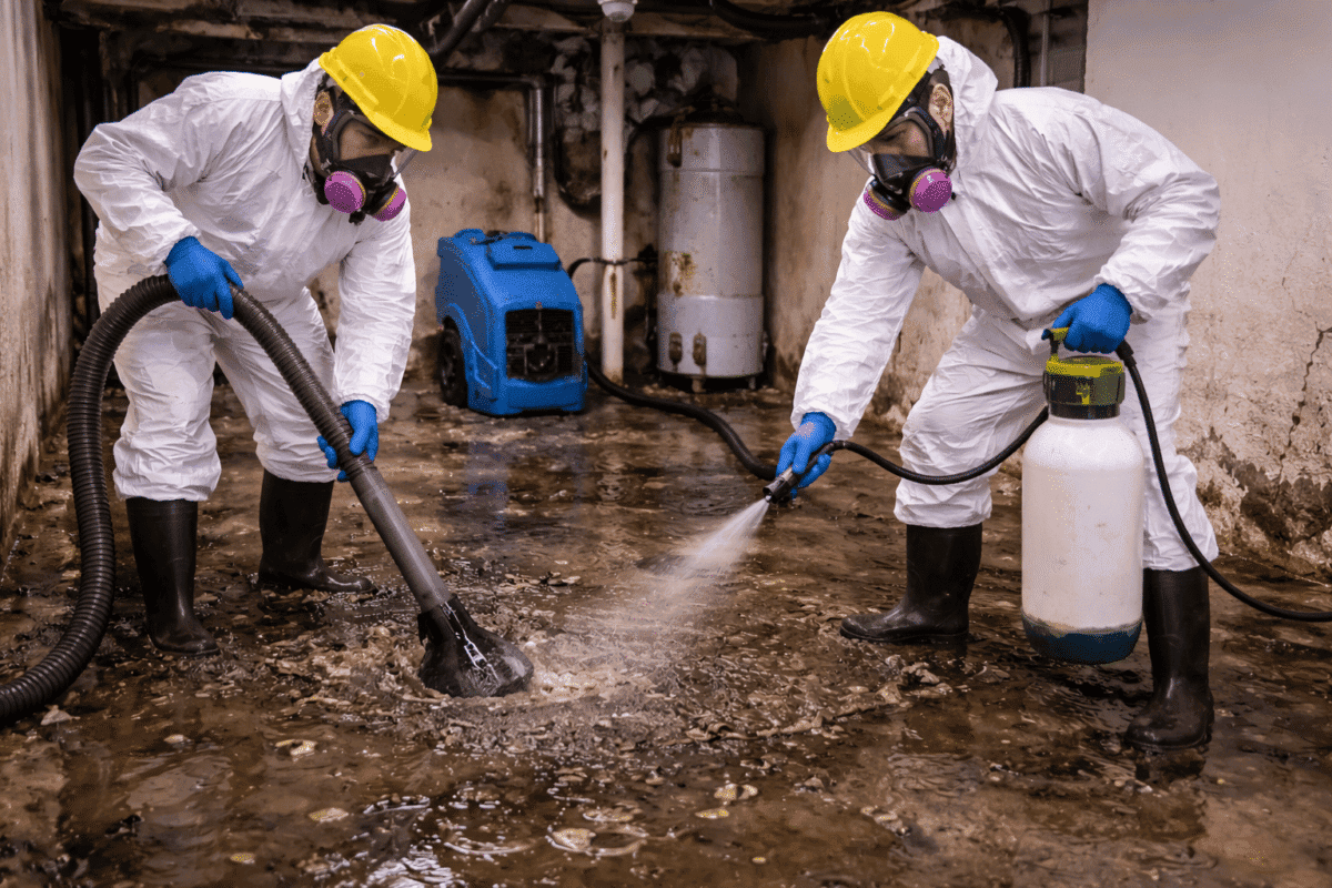 Sewage backup cleanup professionals removing contaminated water and disinfecting a flooded basement to prevent health hazards