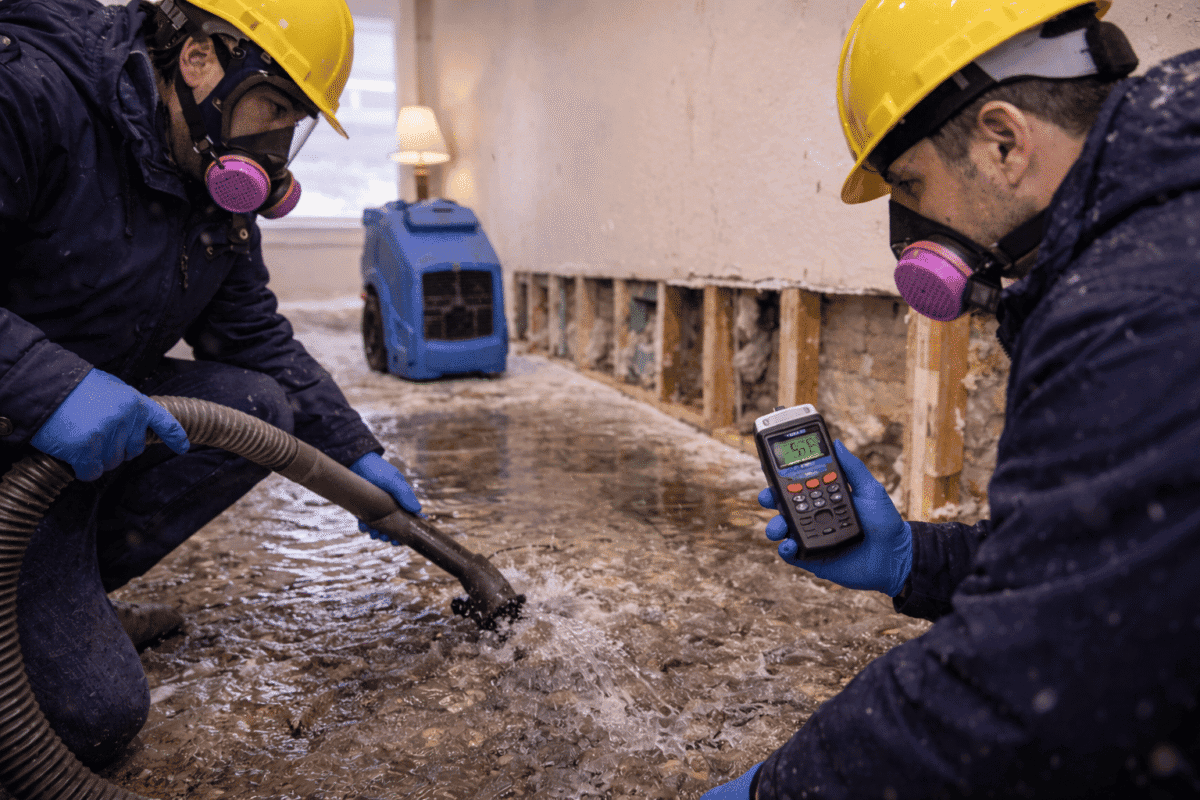 Water damage restoration professionals extracting floodwater and checking moisture levels after a burst pipe to stop further damage