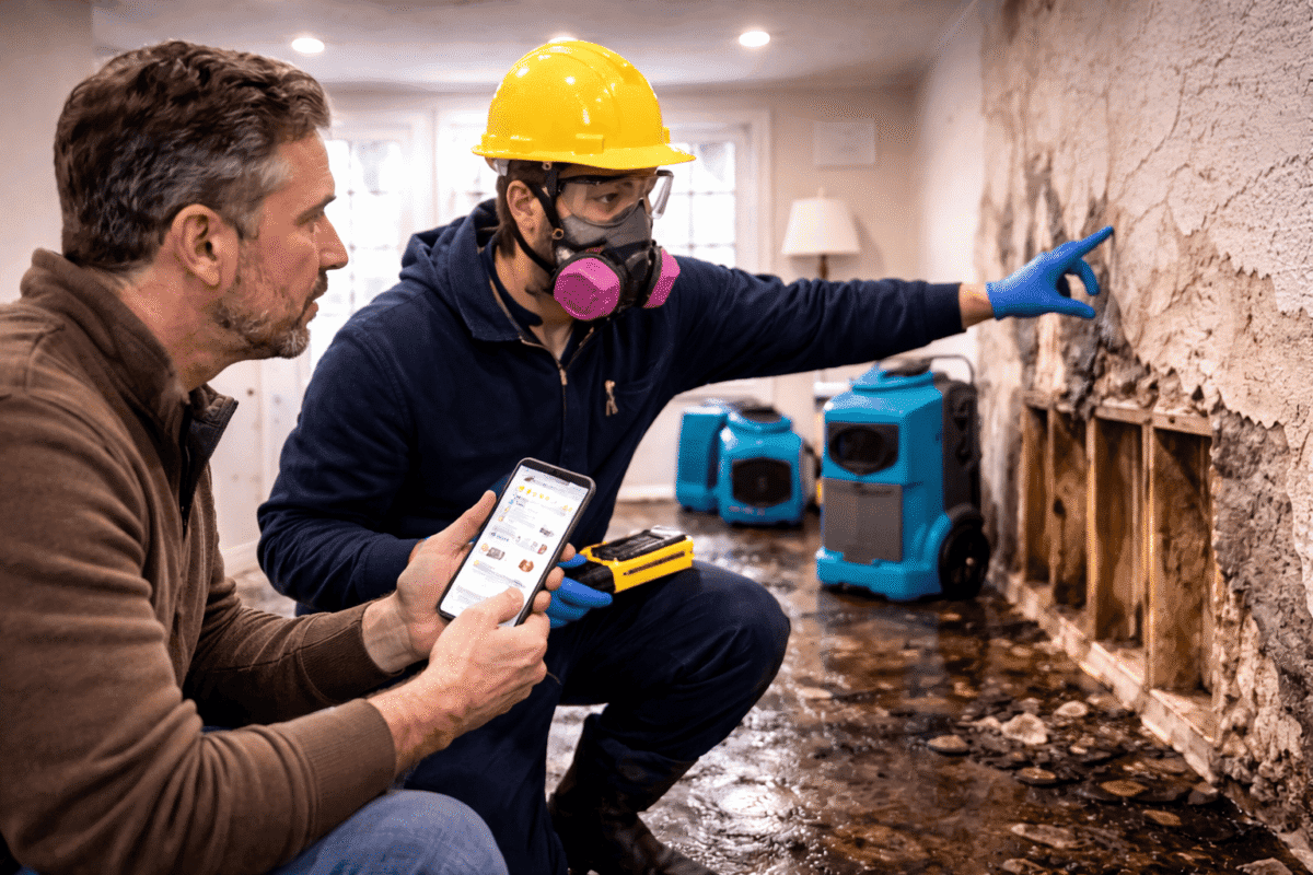 Homeowner consulting with a water damage restoration technician while reviewing service ratings and inspecting severe water damage inside a home