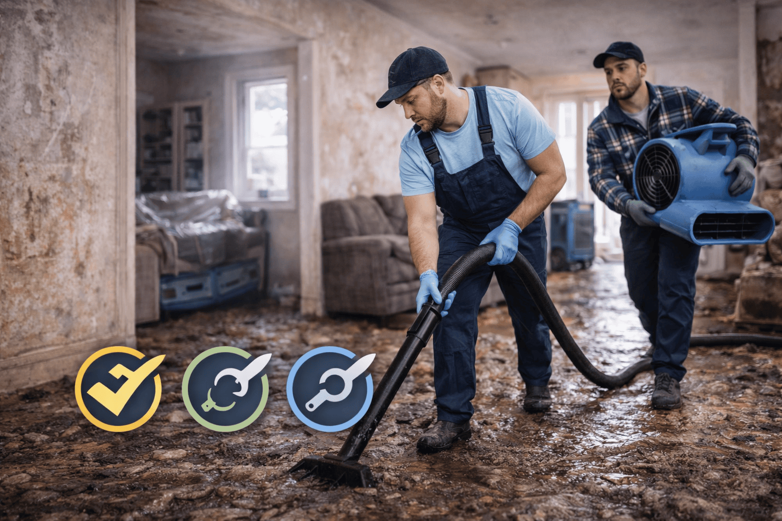 Water damage restoration professionals removing standing water and drying a flooded home