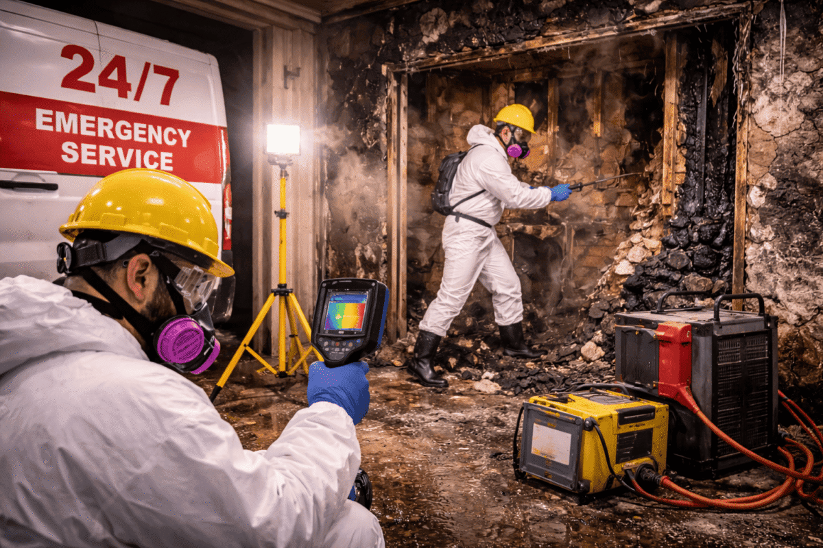 Fire damage restoration technicians working overnight inside a severely burned property in Mechanicville using thermal imaging and professional equipment