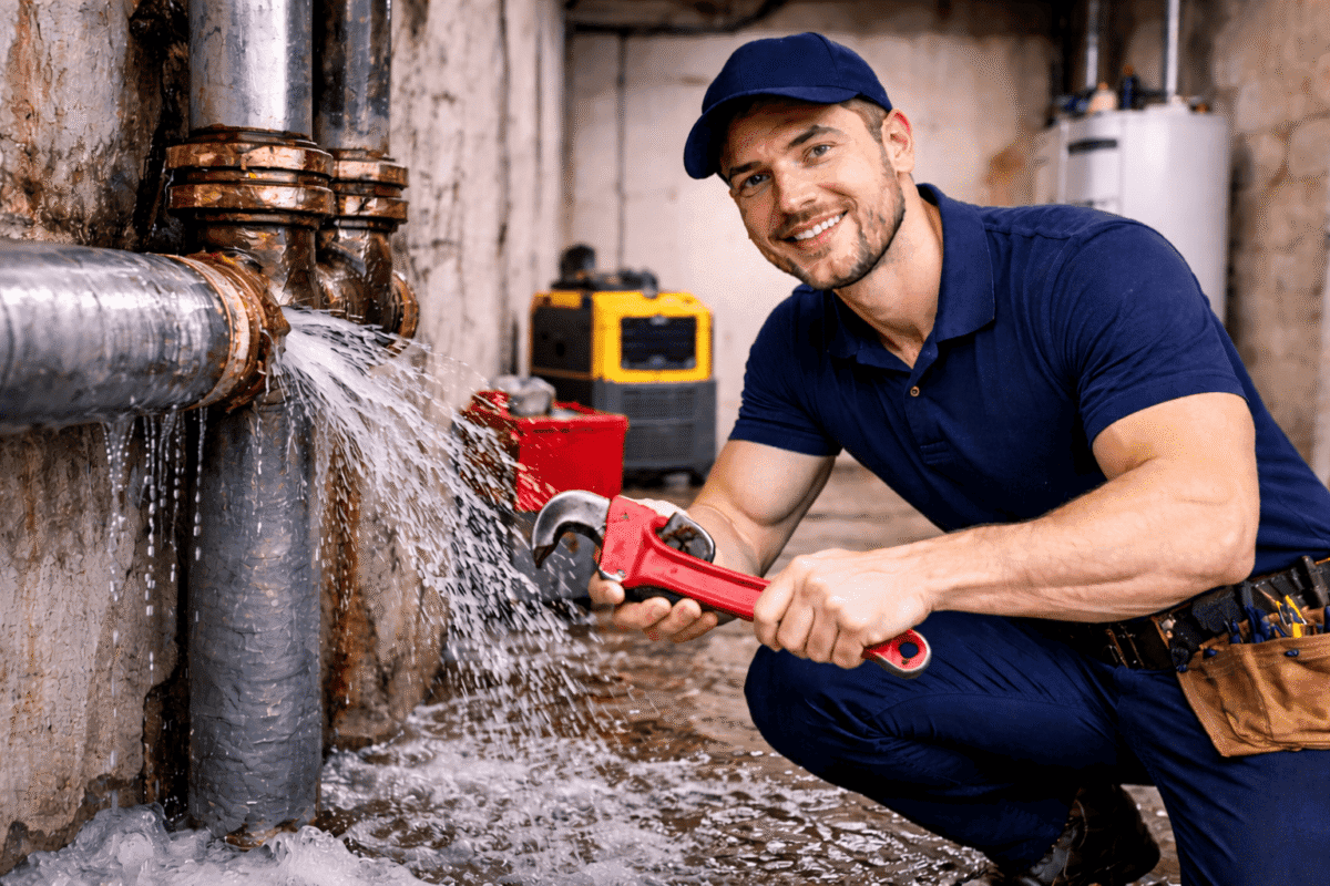 Professional technician repairing a broken water pipe in a residential basement