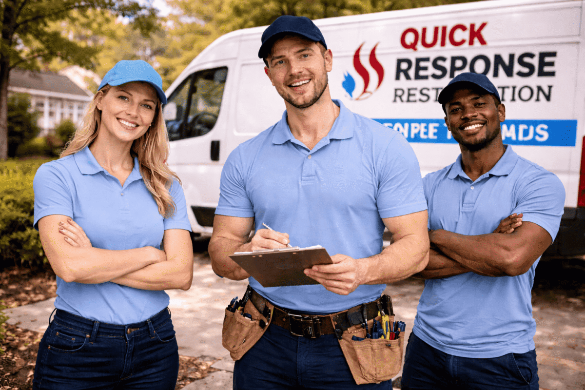 Professional restoration team standing outside service vehicle in New York