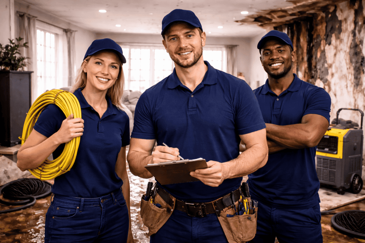 Restoration professionals responding to water damage inside a New York home