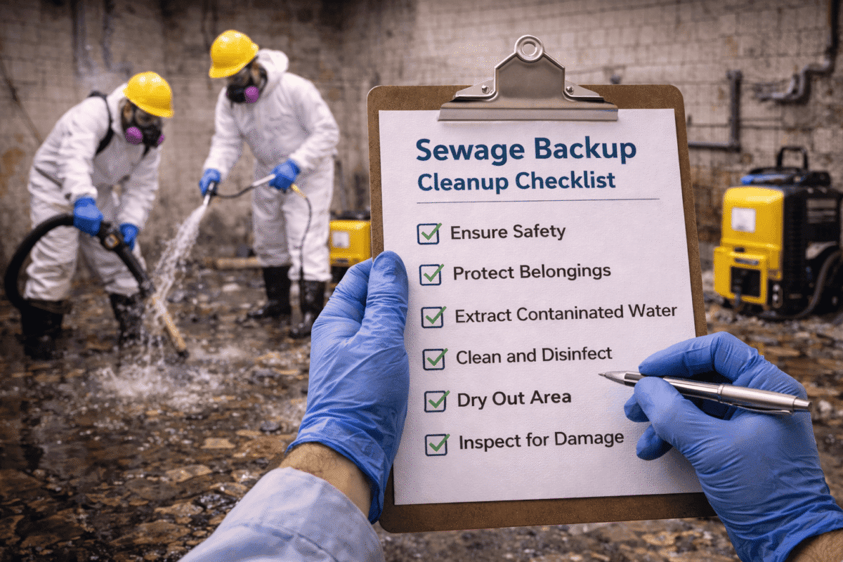 Professional sewage backup cleanup team extracting contaminated water while reviewing a detailed cleanup checklist for safe recovery