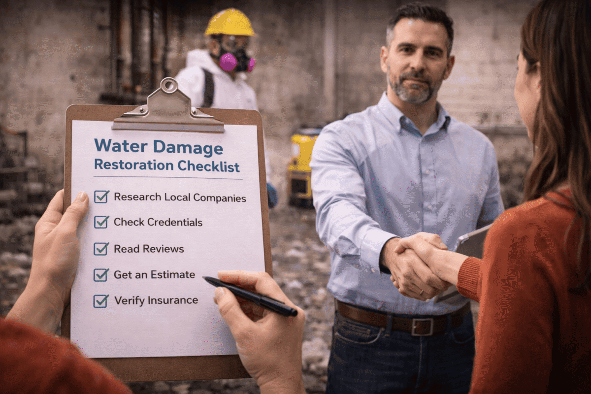 Homeowner reviewing a water damage restoration checklist while hiring a professional expert in a water-damaged New York property