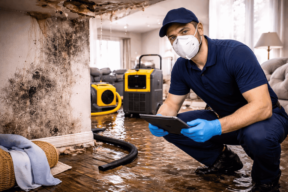 Top signs of water damage restoration service needed, showing professional inspecting flooded home