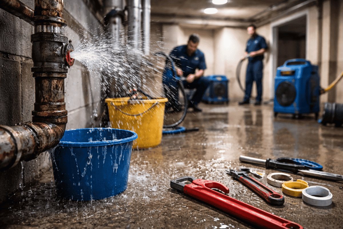 Quick Response Restoration technician performing burst pipe repair in flooded basement with water extraction equipment