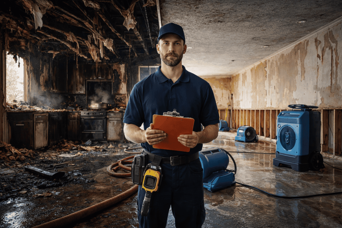 Fire and water damage restoration professional inspecting property damage for Quick Response Restoration