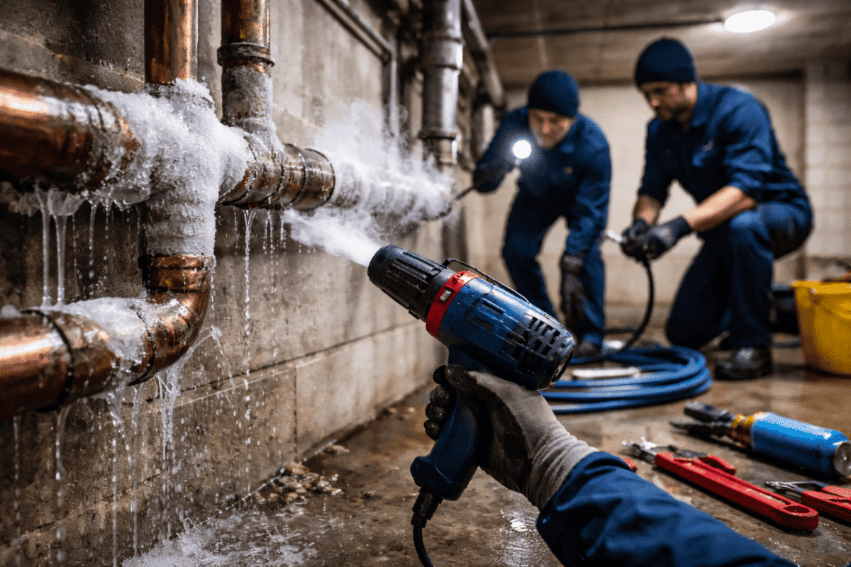 Professional plumbers thawing frozen copper pipes with heat gun during basement pipe repair service