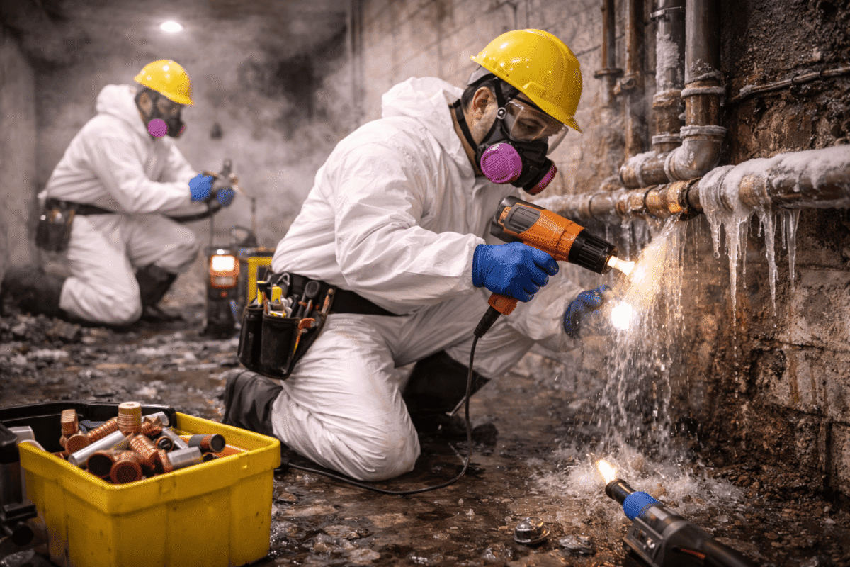 Professional plumber repairing frozen burst pipe in basement during emergency pipe repair service