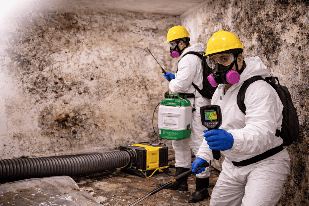 Professional mold remediation technicians removing mold growth and testing moisture levels inside a contaminated Saratoga County home