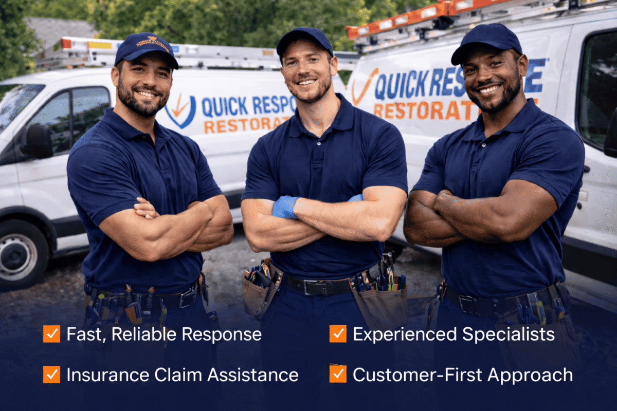 Quick Response Restoration technicians standing in front of branded service van offering emergency restoration services