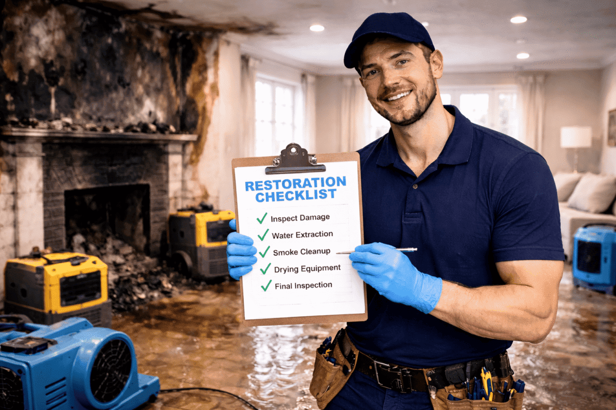 Fire and water damage restoration checklist inspection by professional technician inside damaged home