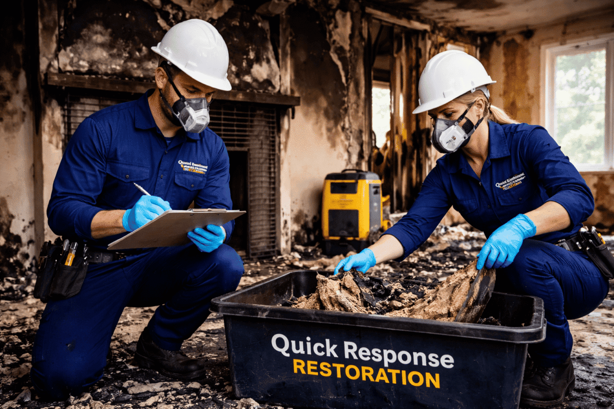 Quick Response Restoration technicians assessing fire damage and removing debris inside a burned home in Albany County