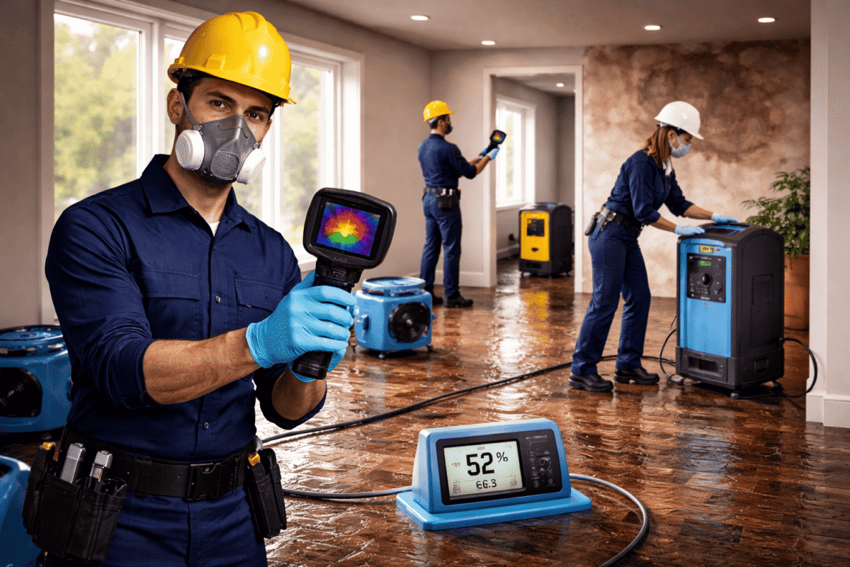 Restoration technicians using advanced tools like thermal imaging camera and moisture meter for flood cleanup in a water-damaged home
