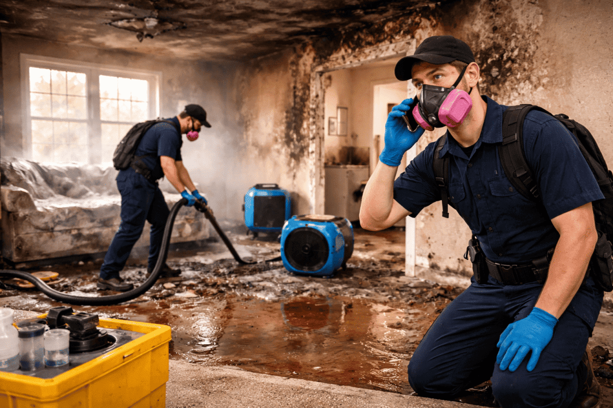 Fire damage restoration professionals taking quick action to clean debris and assess damage inside a smoke-damaged home