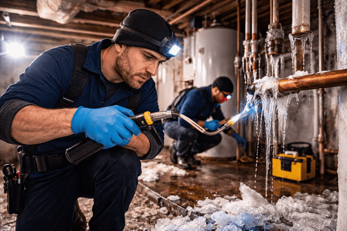 Professional plumbers repairing frozen pipes in a Saratoga County basement using thawing equipment to prevent water damage