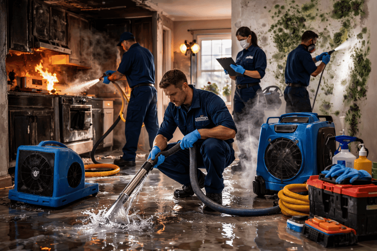 Professional emergency water, fire and mold restoration experts extracting water and repairing damage inside a residential property