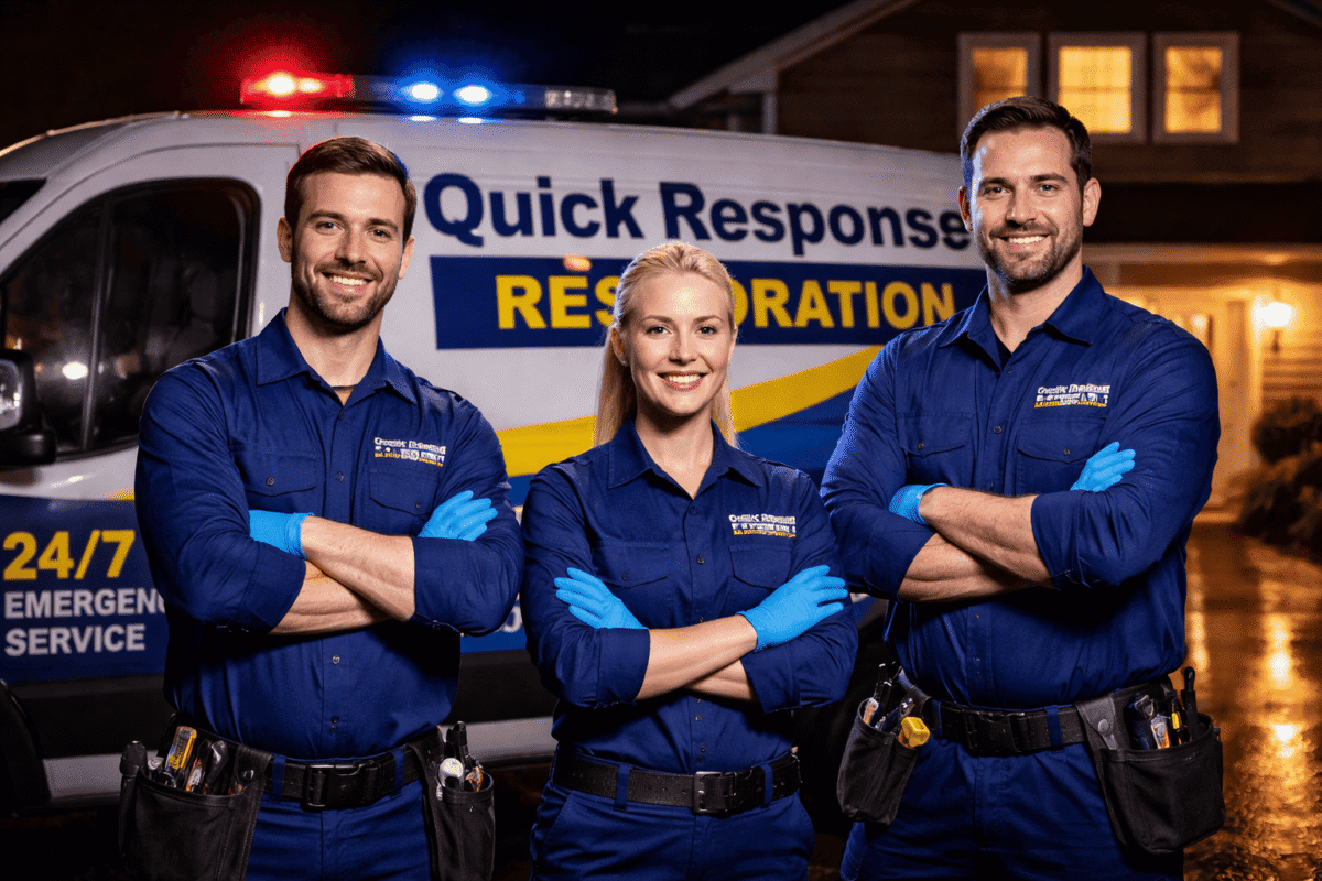 Quick Response Restoration team providing 24/7 emergency restoration services standing in front of branded service vehicle at night