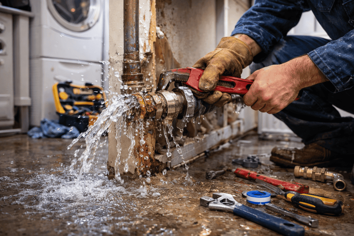 Broken water pipe repair inside a home utility room by a plumber fixing a leaking pipe in Albany County